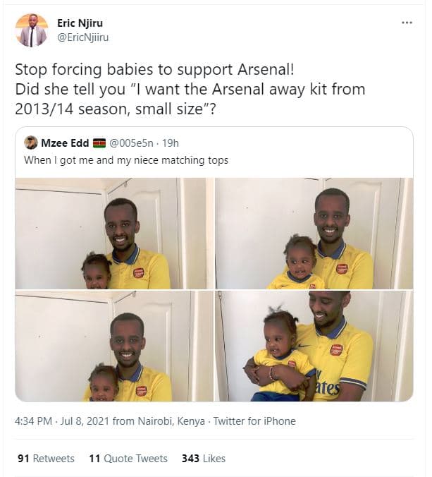 Eric njiru ericnjiiru stop forcing babies to support arsenal! did she tell you '