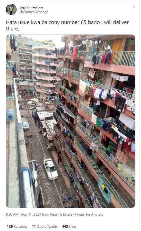 Captain kerom captainochenge hata ukue kwa balcony number 65 bado will deliver t