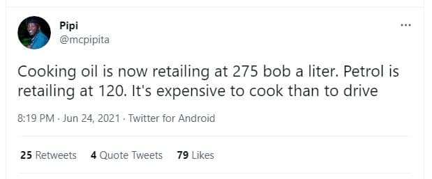 Pipi mcpipita cooking oil is now retailing at 275 bob a liter. petrol is retaili