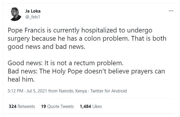 Ja loka fels1 pope francis is currently hospitalized to undergo surgery because