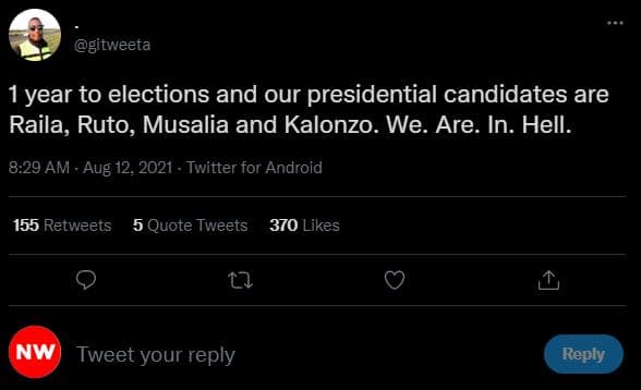 Gitweeta 1 year to elections and our presidential candidates are raila, ruto, mu