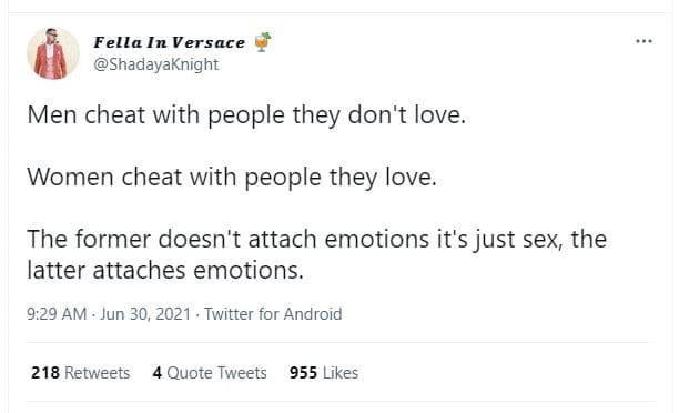 Fella in versace shadayaknight men cheat with people they don't love women cheat