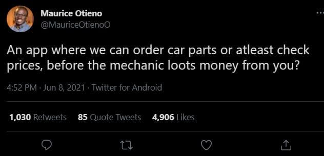 Maurice otieno mauriceotienoo an app where we can order car parts or atleast che
