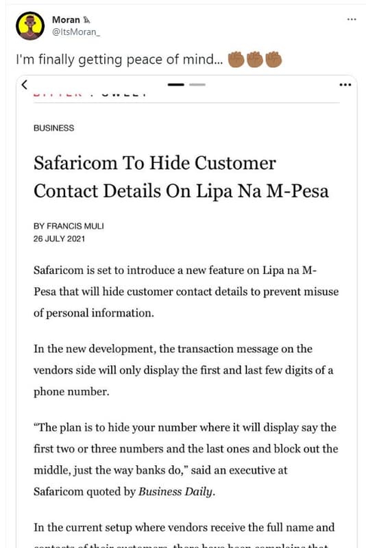 Moran p itsmoran _ im finally getting peace of mind. 0 business safaricom to hid