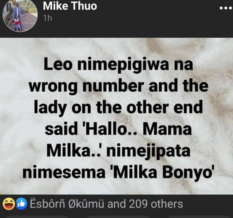 Mike thuo 1h leo nimepigiwa na wrong number and the lady on the other end said '
