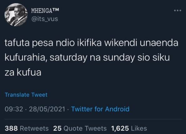 Mhengatm its_vus tafuta pesa ndio ikifika wikendi unaenda kufurahia, saturday na