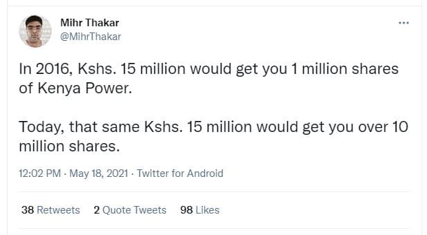 Mihr thakar mihrthakar in , kshs. 15 million would get you million shares of ken