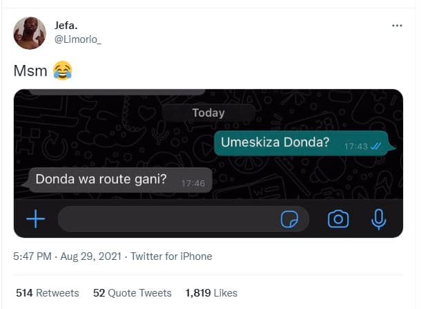 Jefa limorio_ msm today umeskiza donda? 17,43 donda wa route gani? 5.47 pm aug 2