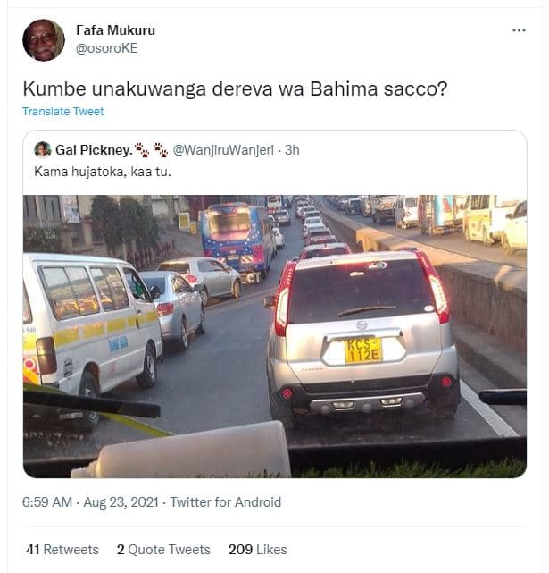 Fafa mukuru osoroke kumbe unakuwanga dereva wa bahima sacco? translate tweet gal