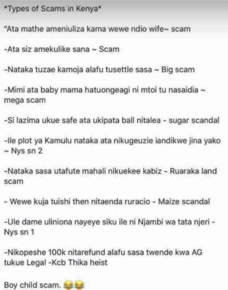 'types of scams in kenya ata mathe ameniuliza kama wewe ndio wife scam ata siz a