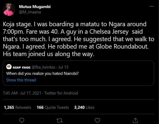 Mutua mugambi m_imaana koja stage. was boarding a matatu to ngara around 7oopm.