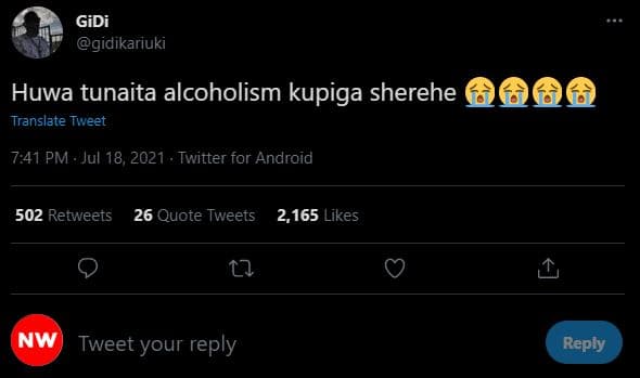 Gidi gidikariuki huwa tunaita alcoholism kupiga sherehe 000 translate tweet 7,41