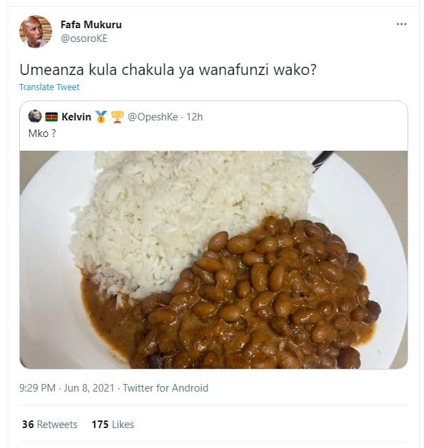 Fafa mukuru osoroke umeanza kula chakula ya wanafunzi wako? translate twveet kel