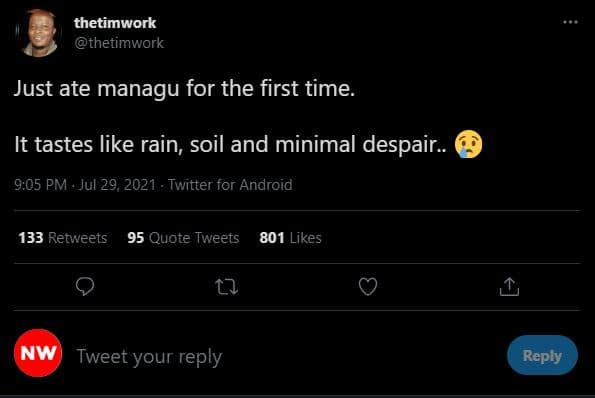 Thetimwork thetimwork just ate managu for the first time. it tastes like rain so