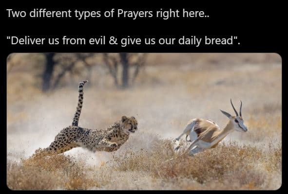 Two different types of prayers right here 'deliver us from evil give us our dail