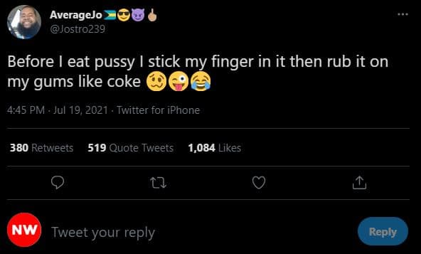 Averagejo jostro239 before eat pussy stick my finger in it then rub it on my gum