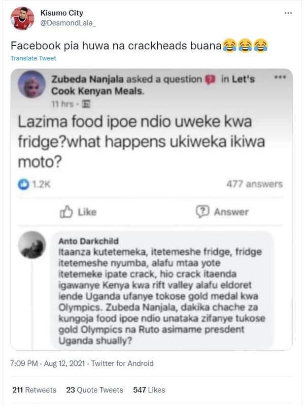 Kisumo city desmondlala facebook pia huwa na crackheads buana translate tweet zu