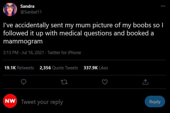 Sandra sanbel11 i've accidentally sent my mum picture of my boobs so followed it