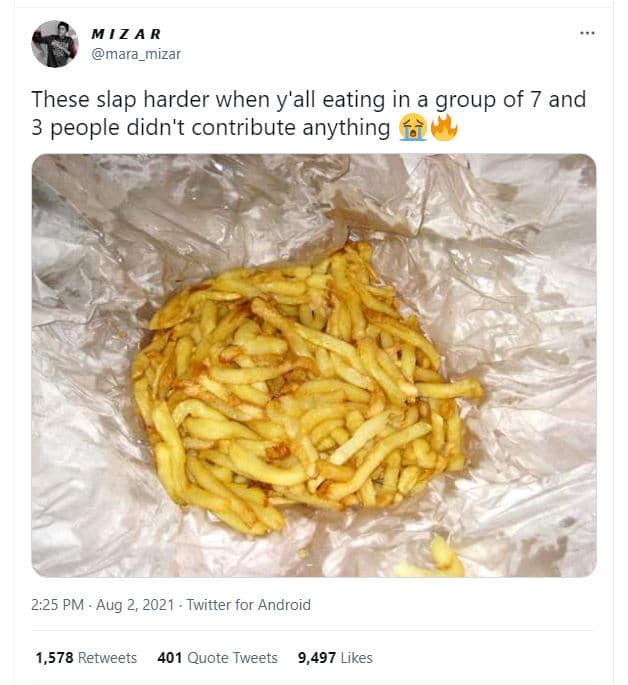 M z a r mara_mizar these slap harder when y'all eating in a group of 7 and 3 peo