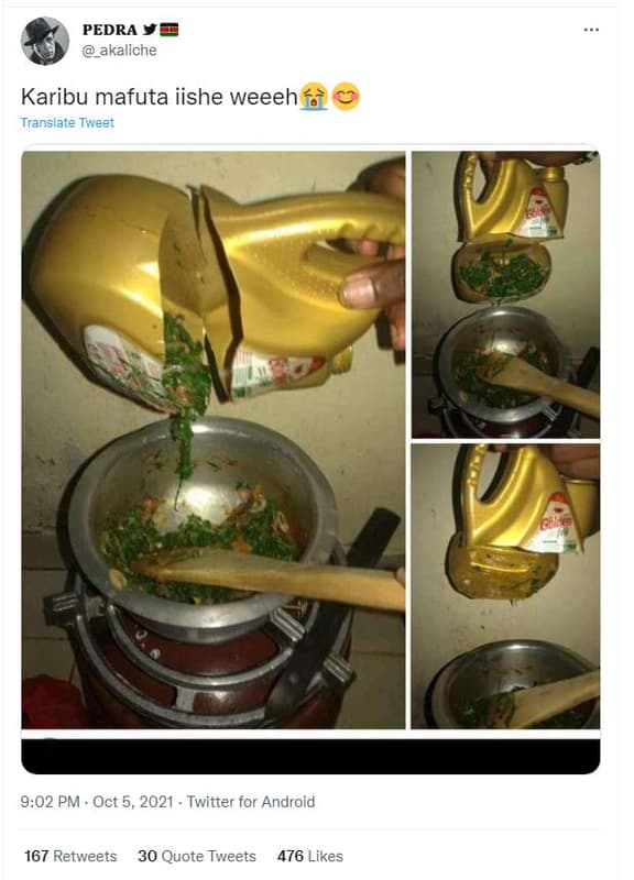 Pedra _akaliche karibu mafuta iishe weeeh translate tweet 9.02 pm oct 5, twitter