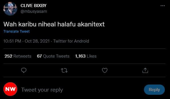 Clive bixby mbusyasam wah karibu niheal halafu akanitext translate tweet 10.51 p
