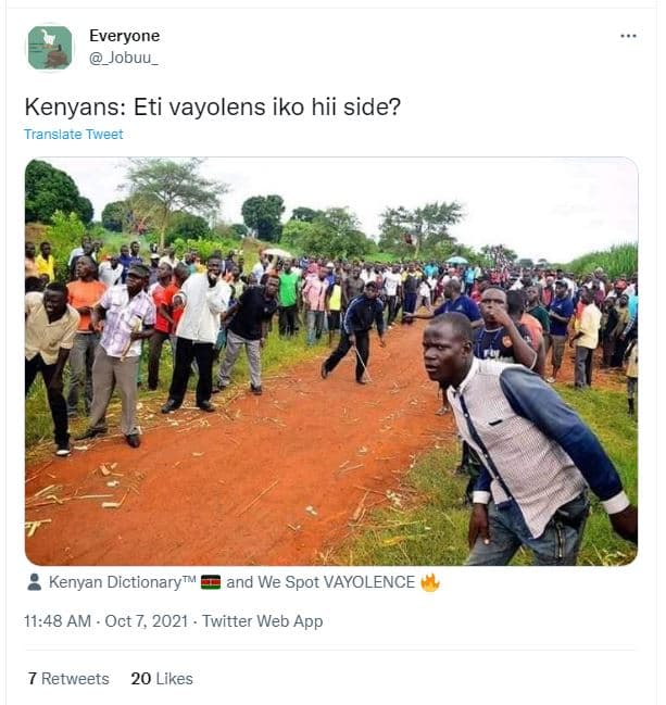 Everyone jobuu_ kenyans eti vayolens iko hii side? translate tweet kenyan dictio
