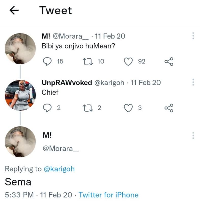 Tweet m! morara 11 feb 20 bibi ya onjivo humean? 15 27 10 92 unprawvoked karigoh