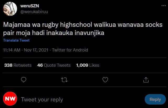 Weruszn werukabiruu majamaa wa rugby highschool walikua wanavaa socks pair moja