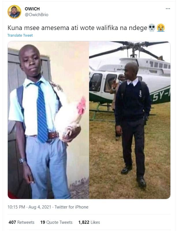 Owich owichbrio kuna msee amesema ati wote walifika na ndege translate tweet 10.