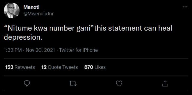 Manoti mwendiajnr nitume kwa number ganithis statement can heal depression. 1.39