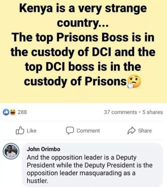 Kenya is a very strange country . the top prisons boss is in the custody of dci