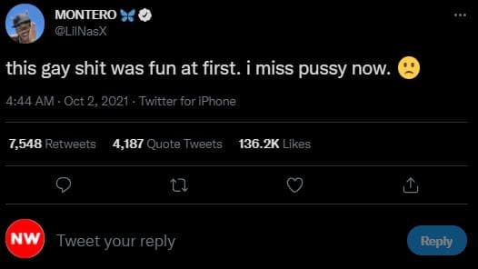 Montero lilnasx this gay shit was fun at first miss pussy now. 4.44 am oct 2, tw
