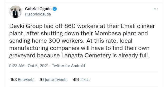 Gabriel oguda gabrieloguda devki group laid off 860 workers at their emali clink