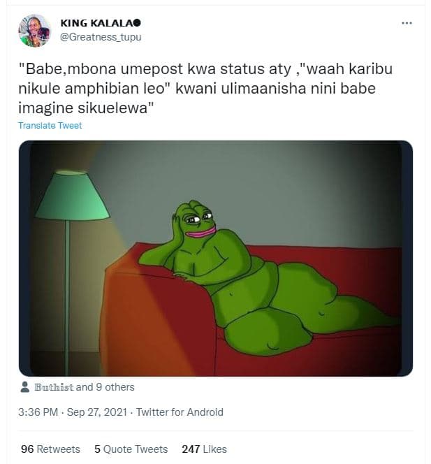 King kalalao greatness_tupu babe,mbona umepost kwa status aty 'waah karibu nikul