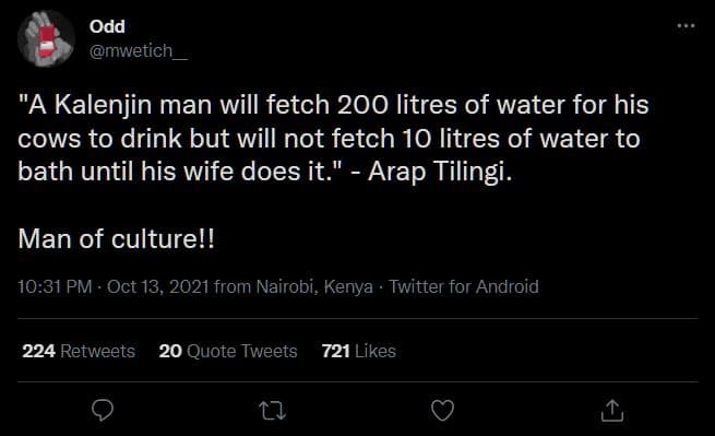 Odd mwetich a kalenjin man will fetch 200 litres of water for his cows to drink