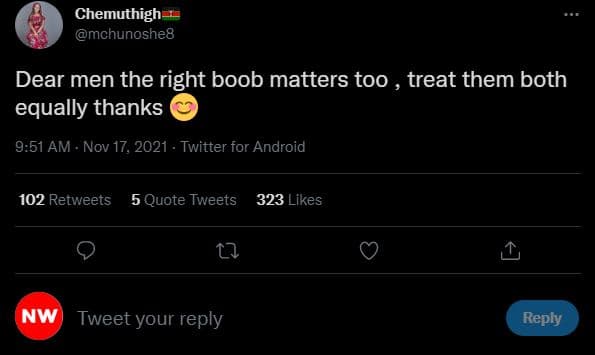 Chemuthigh mchunoshe8 dear men the right boob matters too treat them both equall
