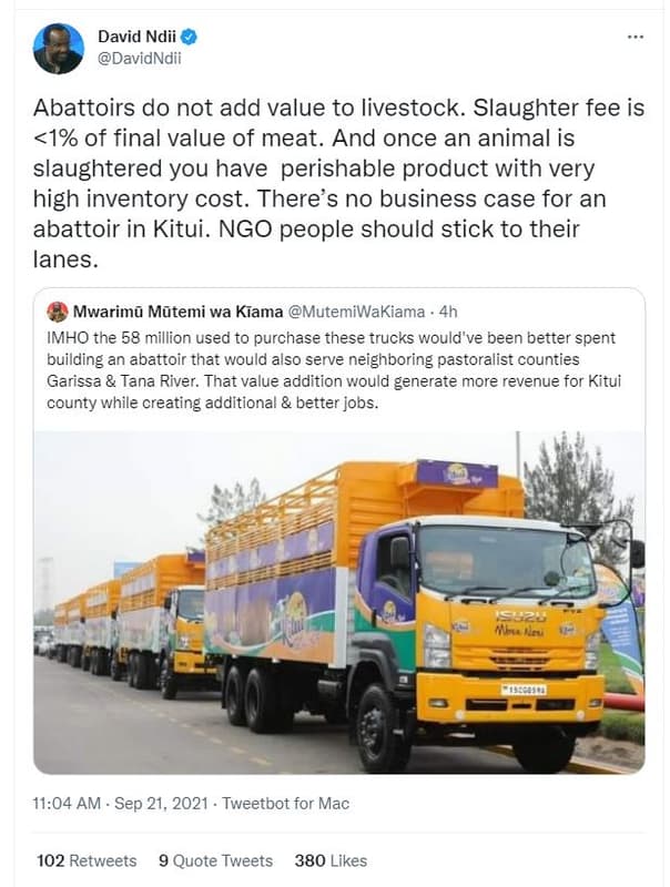 David ndii davidndii abattoirs do not add value to livestock. slaughter fee is 1