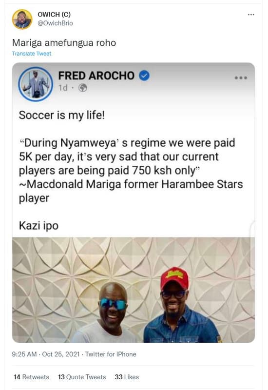 Owich c owichbrio mariga amefungua roho translate tweet fred arocho id soccer is