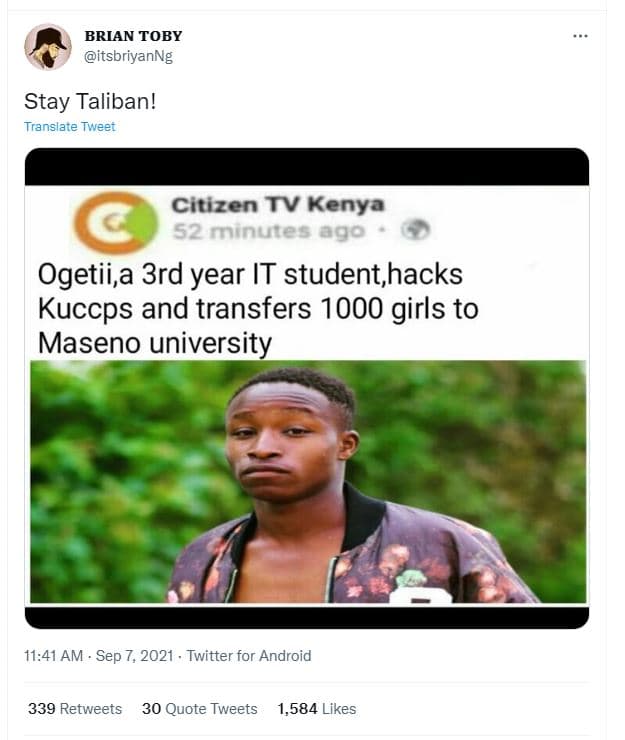 Brian toby itsbriyanng stay taliban! translate tweer citizen tv kenya saminutes