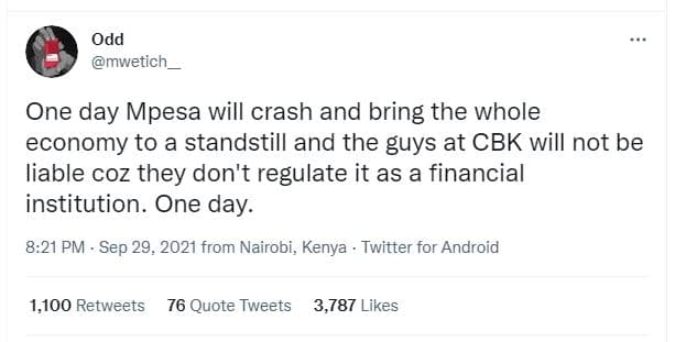 Odd mwetich one day mpesa will crash and bring the whole economy to a standstill