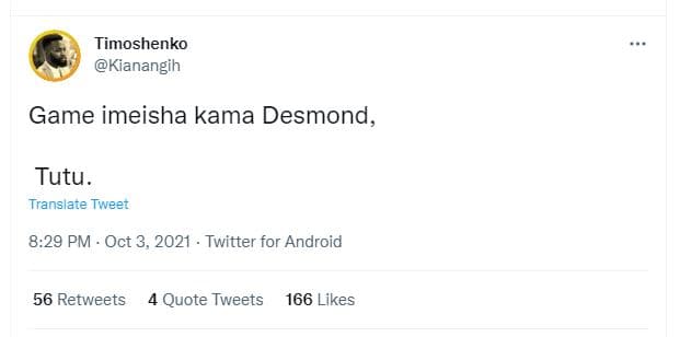 Timoshenko kianangih game imeisha kama desmond, tutu. translate tweet 8.29 pm oc
