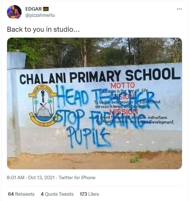 Edgar pizzahmwitu back to you in studio.. chalani primary school motto head12y p