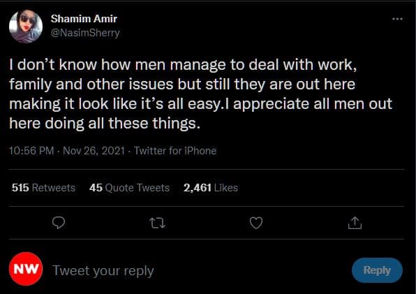 Shamim amir nasimsherry don't know how men manage to deal with work family and o