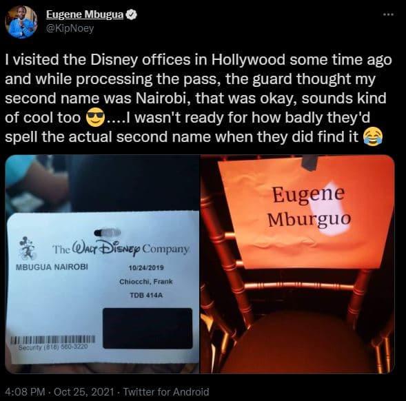Eugene mbugua 0 kipnoey visited the disney offices in hollywood some time ago an