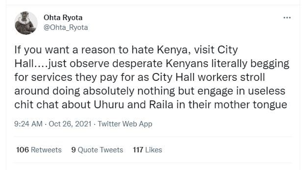 Ohta ryota ohta_ryota if you want a reason to hate kenya, visit city hall.just o