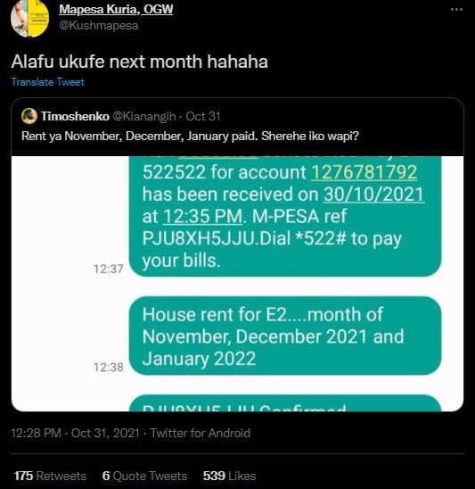 Mapesa kuria,_ogw kushmapesa alafu ukufe next month hahaha translate tweet timos