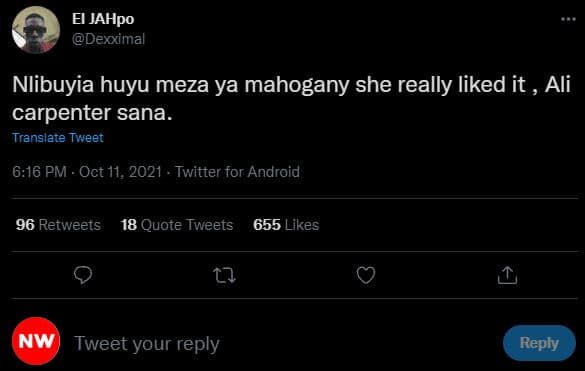 El jahpo dexximal nlibuyia huyu meza ya mahogany she really liked it ali carpent