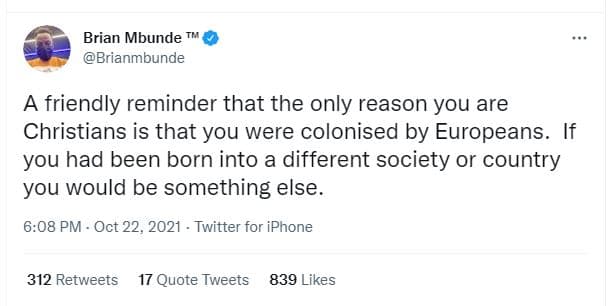 Brian mbunde brianmbunde friendly reminder that the only reason you are christia