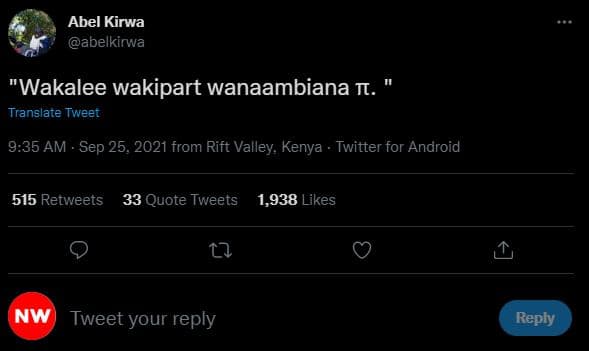 Abel kirwa abelkirwa 'wakalee wakipart wanaambiana t. translate tweet 9.35 am .