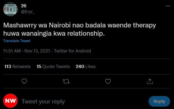 26 eryr _ '84 mashawrry wa nairobi nao badala waende therapy huwa wanaingia kwa